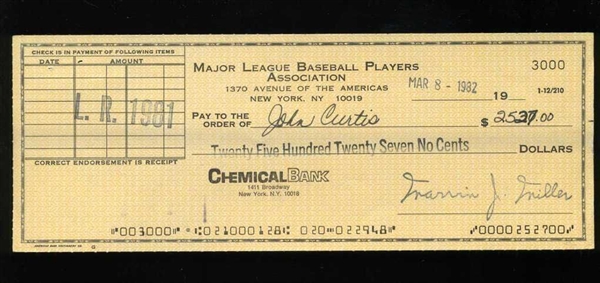 JOHN CURTIS Signed MLBPA Check 1982 San Diego Padres Autograph