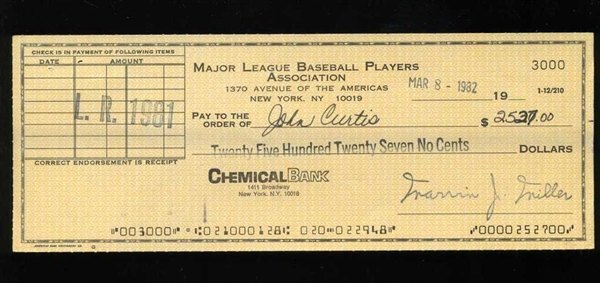 JOHN CURTIS Signed MLBPA Check 1982 San Diego Padres Autograph