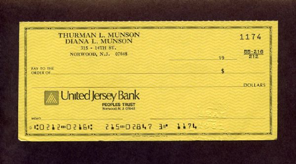 THURMAN MUNSON Personal Check from his Estate w/ LOA