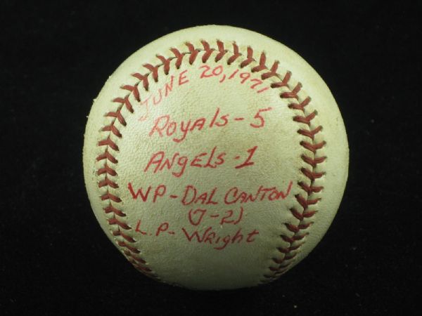 6-20-1971 Bruce Dal Canton Game-Used Win Baseball w/ Inscription Royals Angels