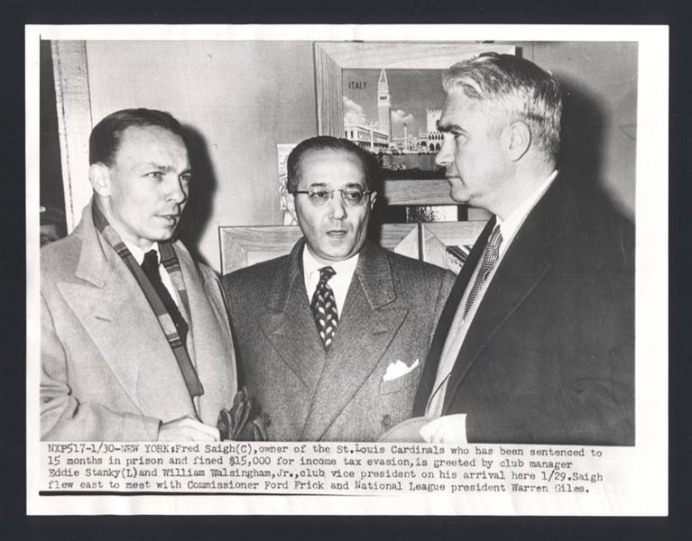 1953 Cardinals EDDIE STANKY, WILLIAM WALSINGHAM JR & FRED SAIGH Wire Photo