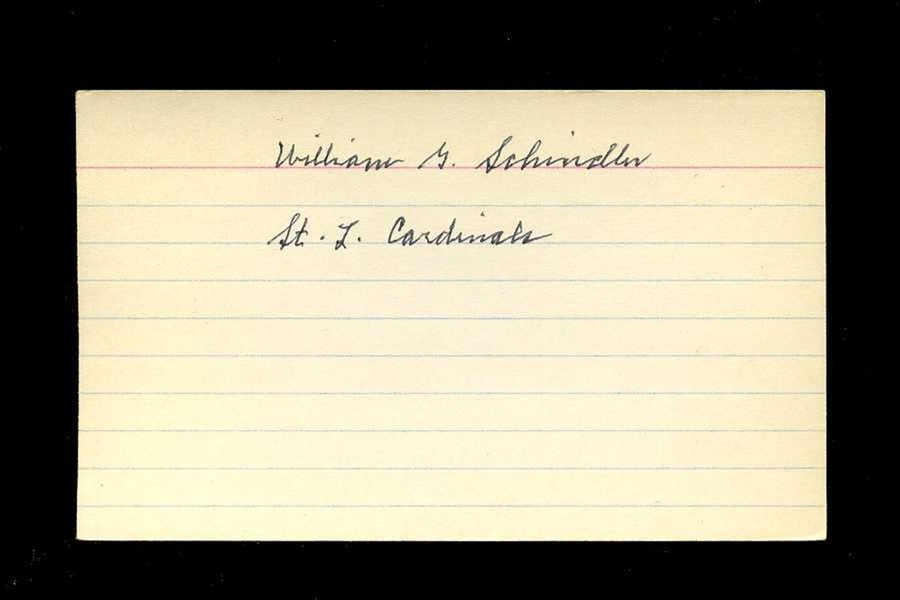 BILL SCHINDLER SIGNED 3x5 Index Card (d.1979) 1920 St. Louis Cardinals