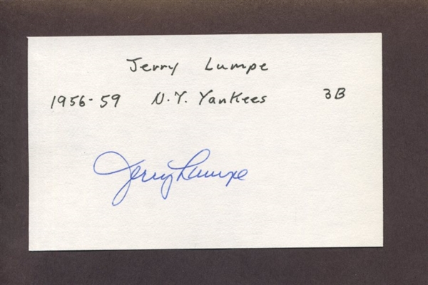 JERRY LUMPE SIGNED 3x5 Index Card (d.2014) 1958 Yankees Athletics Tigers