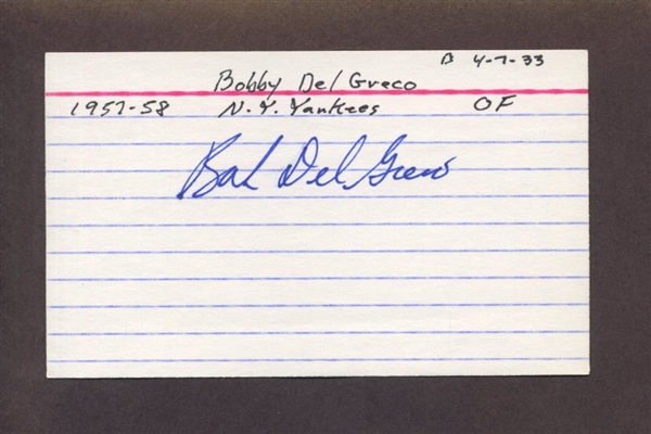BOBBY DEL GRECO SIGNED 3x5 Index Card (d.2019) Pirates Yankees Athletics