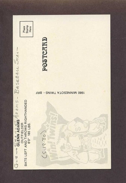 GLENN ADAMS 1977-81 Minnesota Twins SIGNED Photo Postcard 
