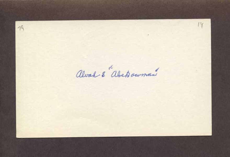 ABE BOWMAN SIGNED 3x5 Index Card (d.1979) 1914 Cleveland Naps