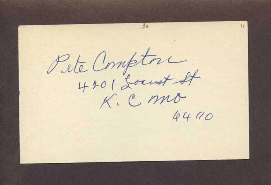 PETE COMPTON SIGNED 3x5 Index Card (d.1978) 1911 Browns Terriers Braves Pirates