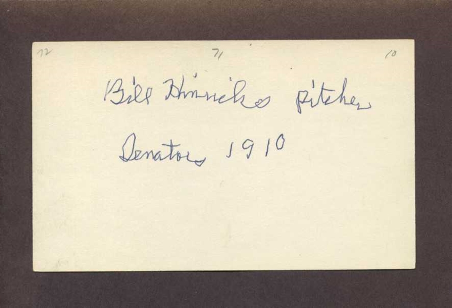 DUTCH HINRICHS SIGNED 3x5 Index Card (d.1972) 1910 Washington Senators