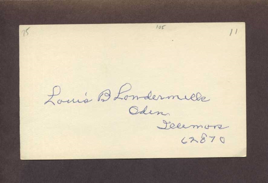 LOU LOWDERMILK SIGNED 3x5 Index Card (d.1975) St. Louis Cardinals