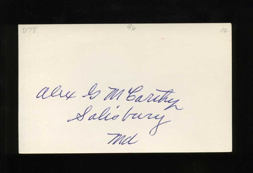 ALEX McCARTHY SIGNED 3x5 Index Card (d.1978) 1910 Pittsburgh Pirates Cubs
