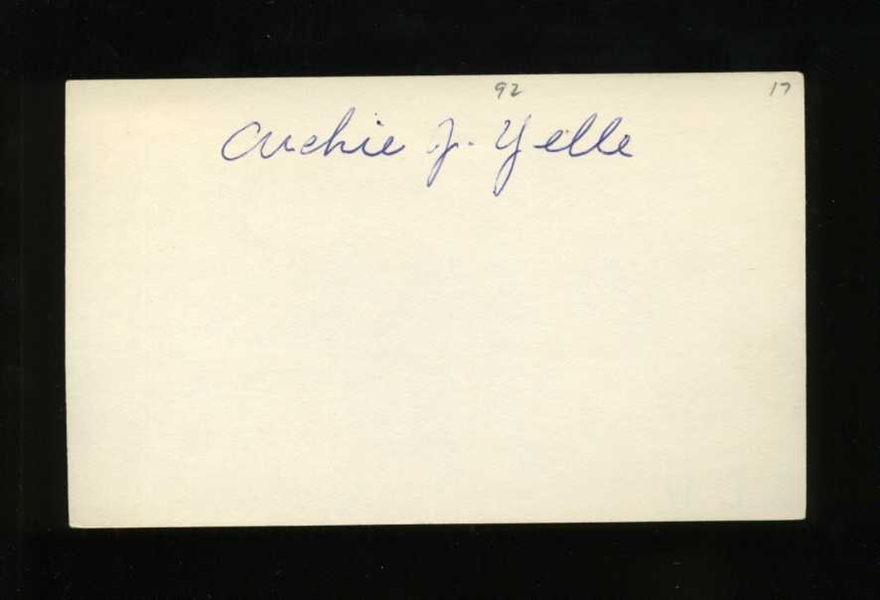 ARCHIE YELLE SIGNED 3x5 Index Card (d.1983) 1917 Detroit Tigers