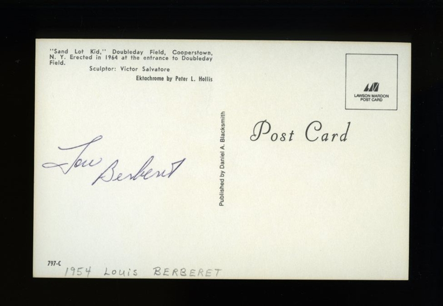 LOU BERBERET SIGNED Postcard (d.2004) Washington Senators Yankees Red Sox Tigers