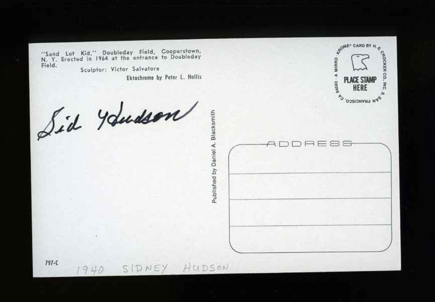SID HUDSON SIGNED Postcard (d.2008) Washington Senators Red Sox