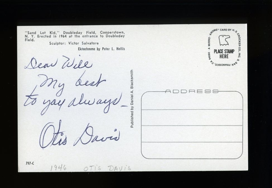 OTIS DAVIS SIGNED Postcard (d.2007) 1946 Brooklyn Dodgers