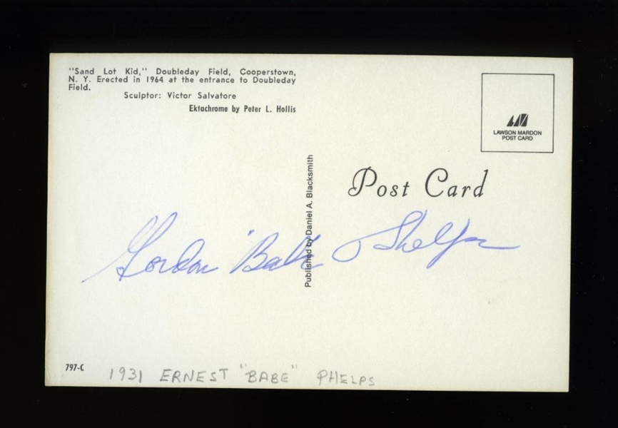 BABE PHELPS SIGNED Postcard (d.1992) Brooklyn Dodgers Cubs Senators Pirates