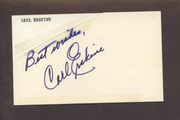 CARL ERSKINE SIGNED 3x5 Index Card 1955 1958 Brooklyn Dodgers