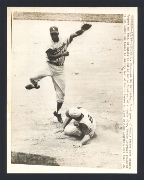 1959 Dodgers CHARLIE NEAL v ED BAILEY Reds Double Play Action Vintage Wire Photo