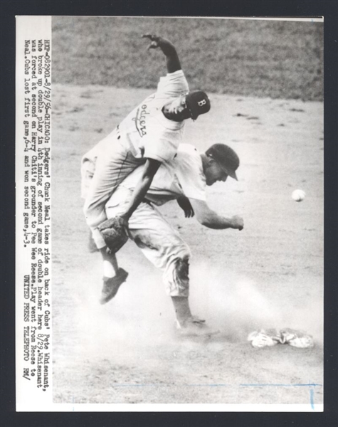 1956 Dodgers CHARLIE NEAL vs Cubs PETE WHISENANT Game Action Vintage Wire Photo
