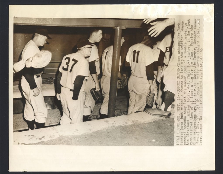 1956 Yankees JIM TURNER, CASEY STENGEL & GIL McDOUGALD Dugout Gloom Wire Photo