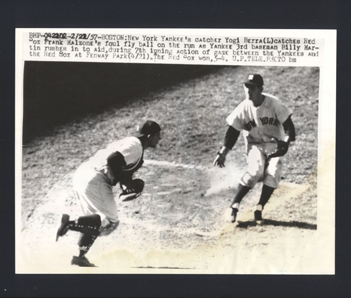 1957 New York Yankees YOGI BERRA, BILLY MARTIN vs Red Sox Vintage Wire Photo HOF