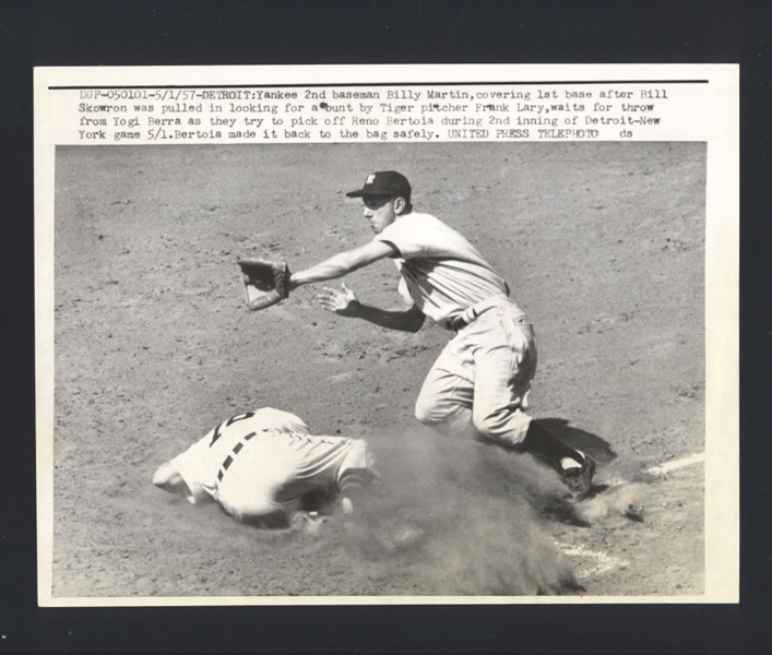 1957 Yankees BILLY MARTIN vs Tigers BILL SKOWRON Sliding Vintage Wire Photo