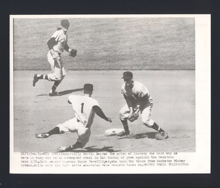 1953 Yankees BILLY MARTIN Caught Stealing WAYNE TERWILLIGER Vintage Wire Photo