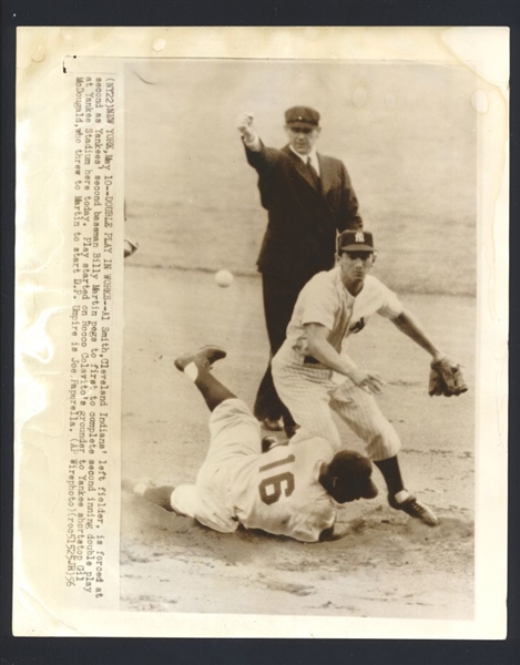 1956 Indians AL SMITH Sliding Into BILLY MARTIN Double Play Vintage Wire Photo