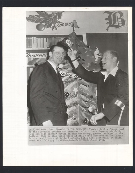 Lot of (3) 1950s Indians HANK GREENBERG, EARLY WYNN, BILL VEECK News Wire Photos