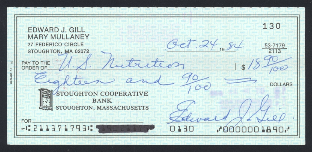 ED GILL SIGNED Personal Check (d.1995) 1919 Washington Senators