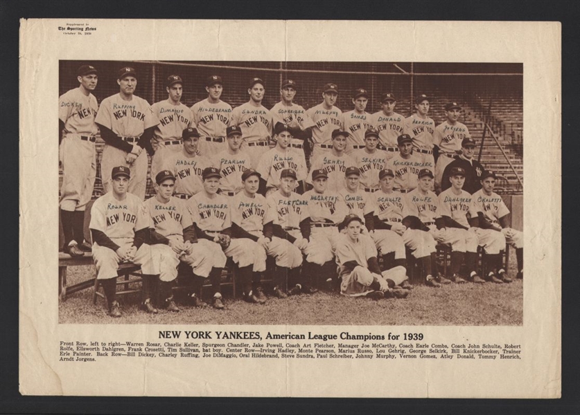 1939 NEW YORK YANKEES Team Photo Sporting News Supplement Premium Lou Gehrig