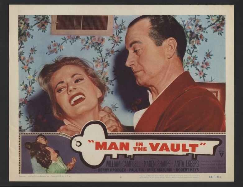 1956 WILLIAM CAMPBELL & KAREN SHARPE In MAN IN THE VAULT Original Lobby Card