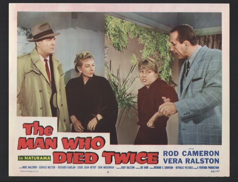 1958 MIKE MAZURKI & VERA RALSTON In THE MAN WHO DIED TWICE Original Lobby Card