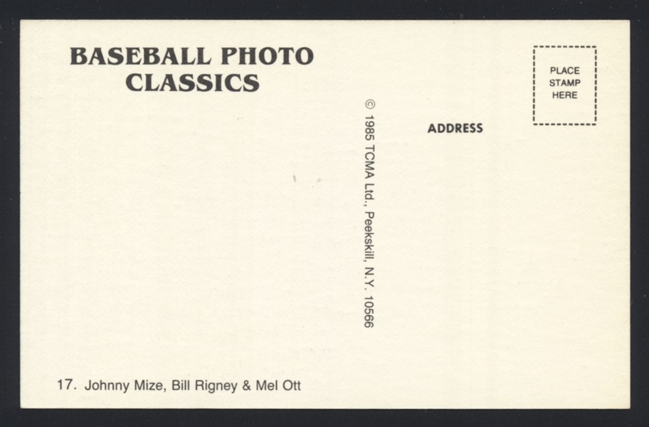 JOHNNY MIZE, BILL RIGNEY MEL OTT 1947 NY Giants Baseball Photo Classics Postcard