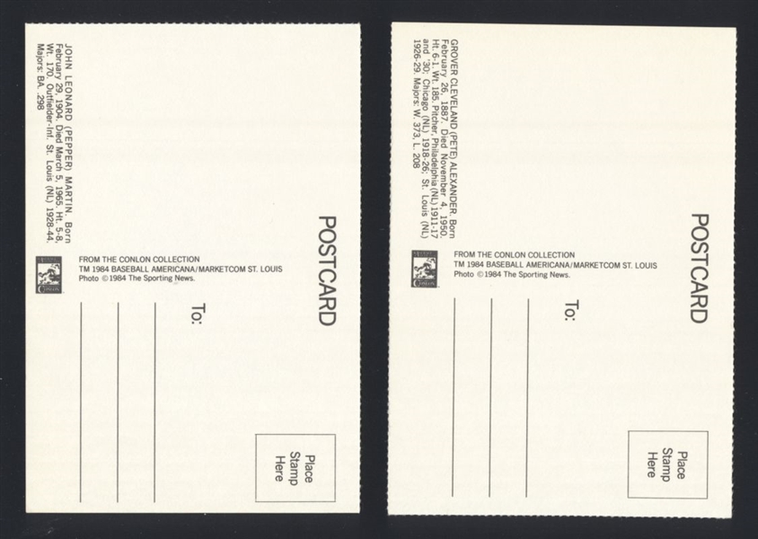 Lot of (2) PEPPER MARTIN & GROVER CLEVELAND ALEXANDER 1984 Conlon Collection PCs