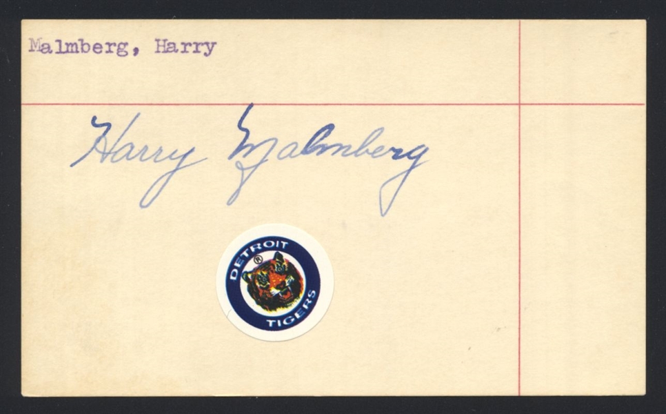HARRY MALMBERG SIGNED 3x5 Index Card (d.1976) 1955 Detroit Tigers