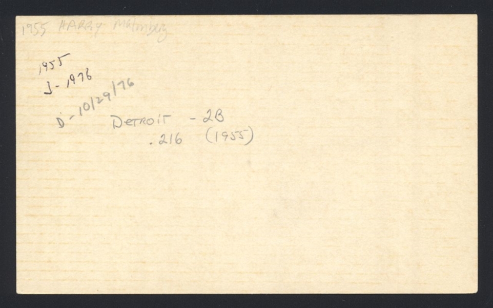 HARRY MALMBERG SIGNED 3x5 Index Card (d.1976) 1955 Detroit Tigers