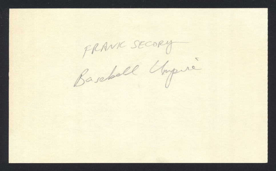 FRANK SECORY SIGNED 3x5 Index Card (d.1995) Umpire 1945 Chicago Cubs