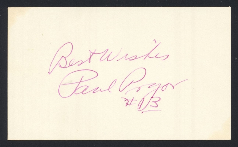 PAUL PRYOR SIGNED 3x5 Index Card (d.1995) National League NL Umpire