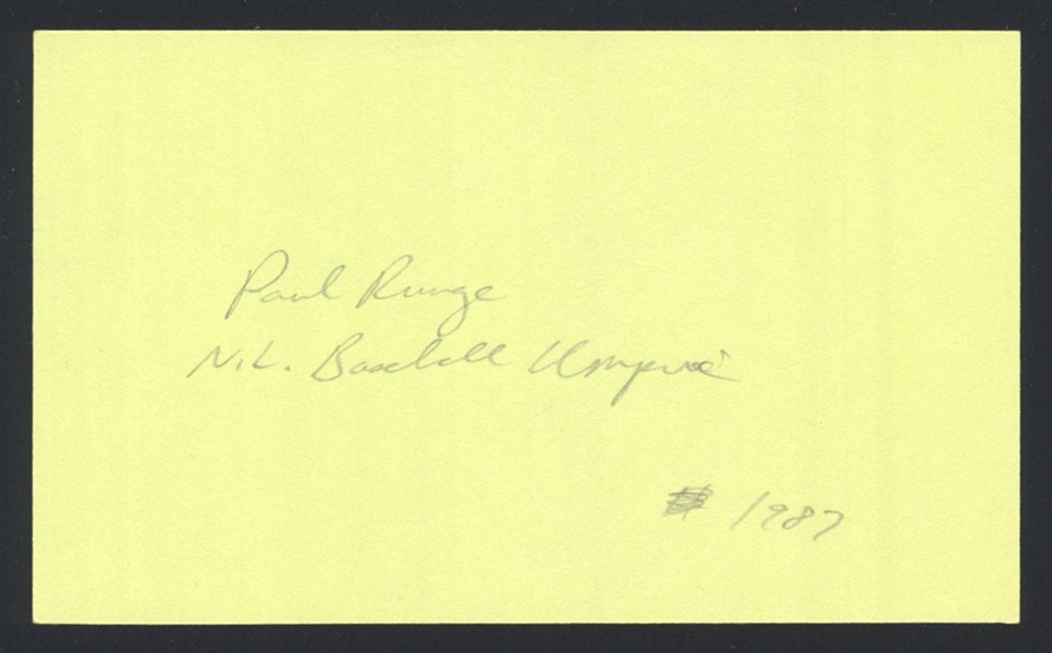 PAUL E RUNGE SIGNED 3x5 Index Card National League NL Umpire