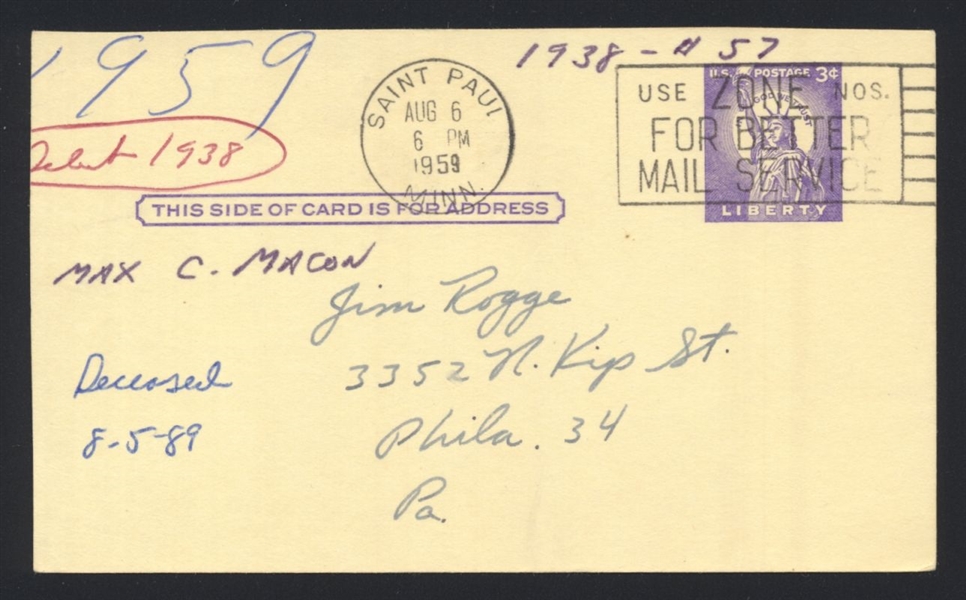 MAX MACON SIGNED Postcard GPC (d.1989) Brooklyn Dodgers Braves Cardinals