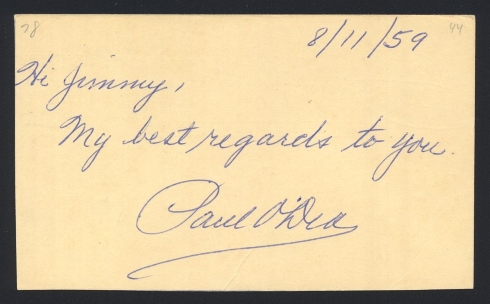 PAUL O'DEA SIGNED Postcard GPC (d.1978) Cleveland Indians