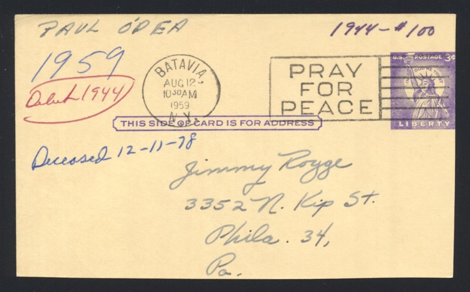 PAUL O'DEA SIGNED Postcard GPC (d.1978) Cleveland Indians