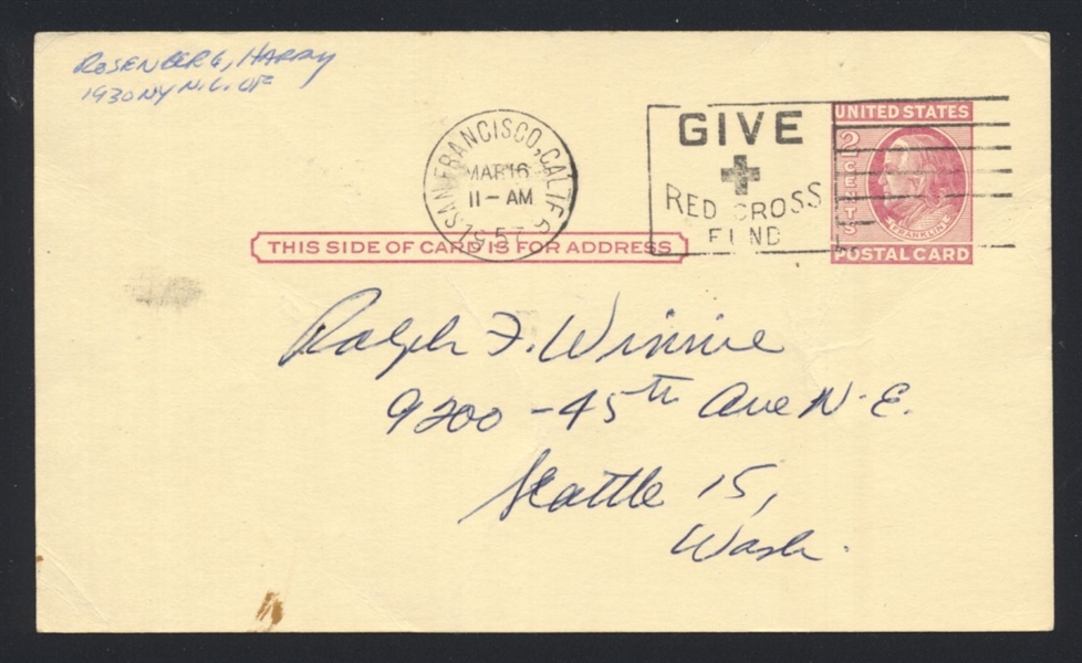 HARRY ROSENBERG SIGNED Postcard GPC (d.1997) 1930 New York Giants