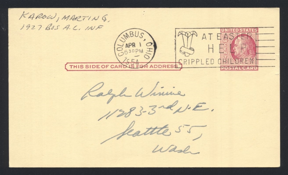 MARTY KAROW SIGNED Postcard GPC (d.1986) 1927 Boston Red Sox