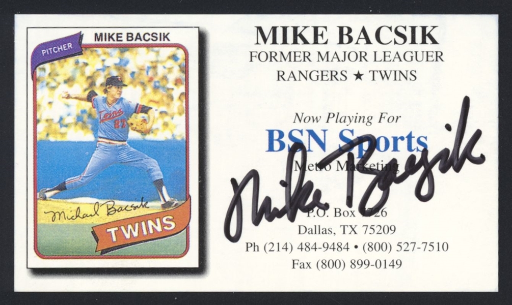 MIKE BACSIK SR SIGNED Business Card Rangers Minnesota Twins