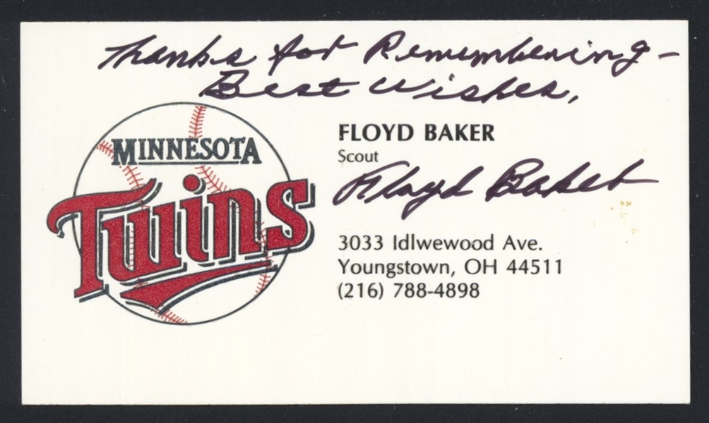FLOYD BAKER SIGNED Business Card (d.2004) Scout Minnesota Minnesota Twins