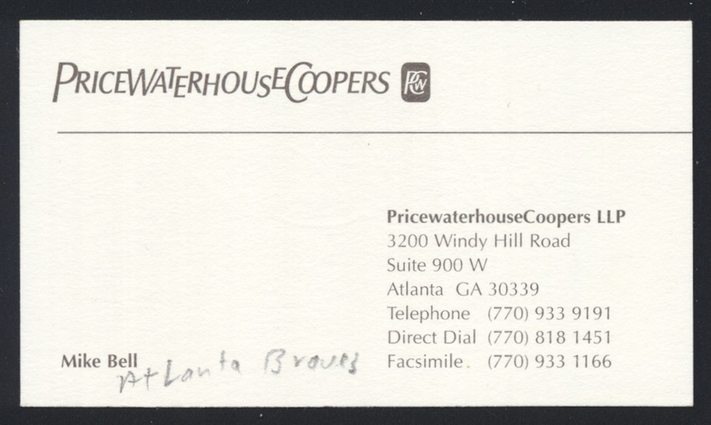 MIKE A BELL SIGNED Business Card 1991 Atlanta Braves