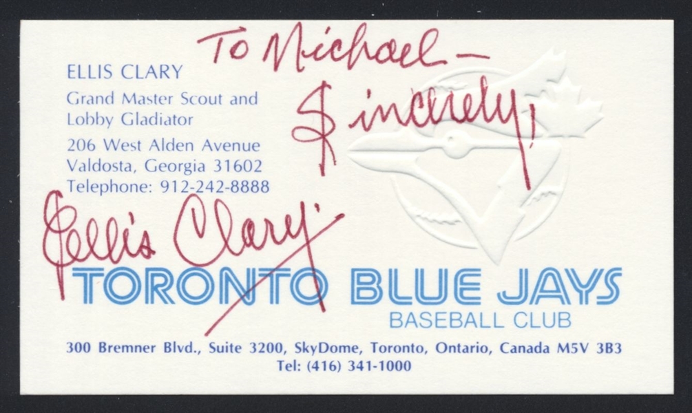 ELLIS CLARY SIGNED Business Card (d.2000) Toronto Blue Jays Browns Senators
