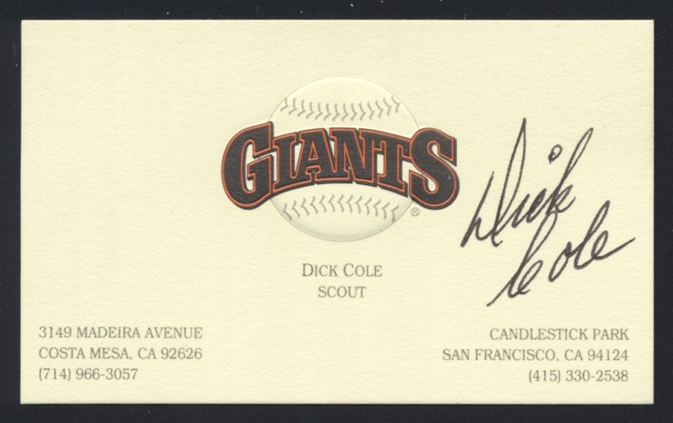 DICK COLE SIGNED Business Card (d.2018) San Francisco Giants Pirates Cardinals