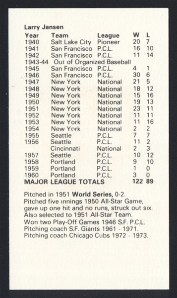 LARRY JANSEN SIGNED Business Card (d.2009) 1951 New York Giants Reds